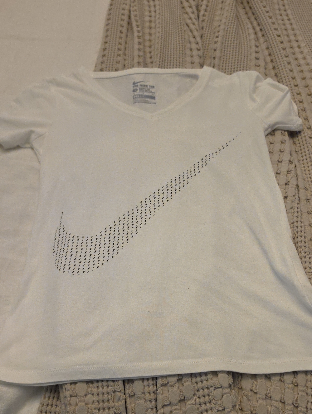 Nike White V-Neck Tee with Black Perforated Swoosh